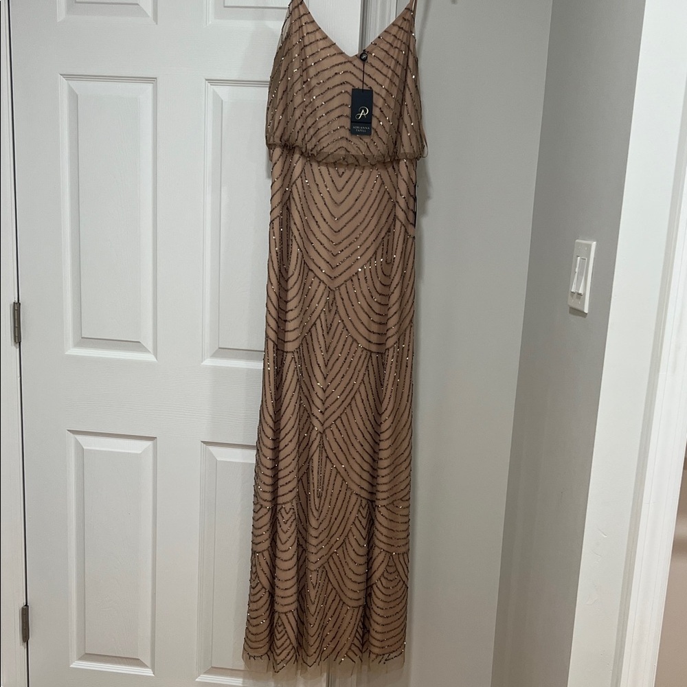 Adrianna Papell Tan Beaded Maxi Dress